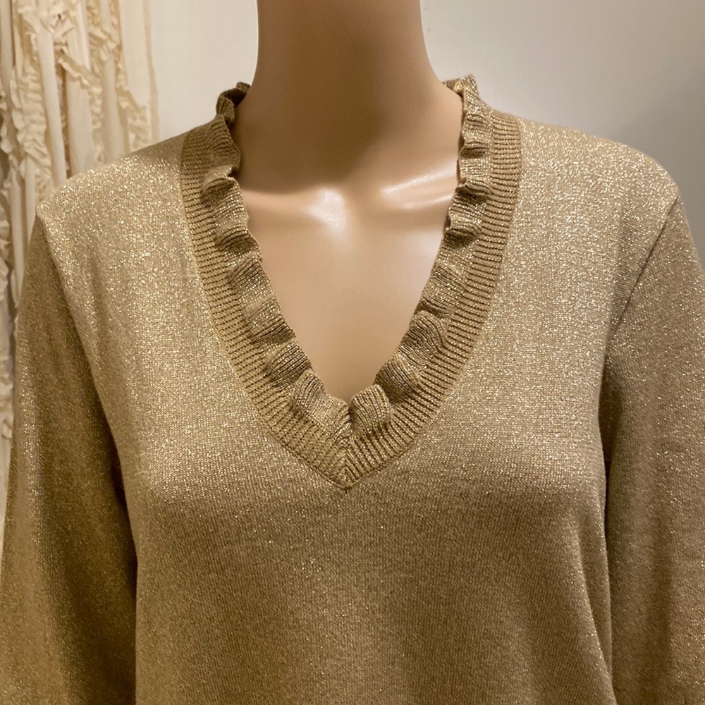 Chaps Classic Petites Gold Shimmer Long Sleeve Top with Frills, Like New, PXL